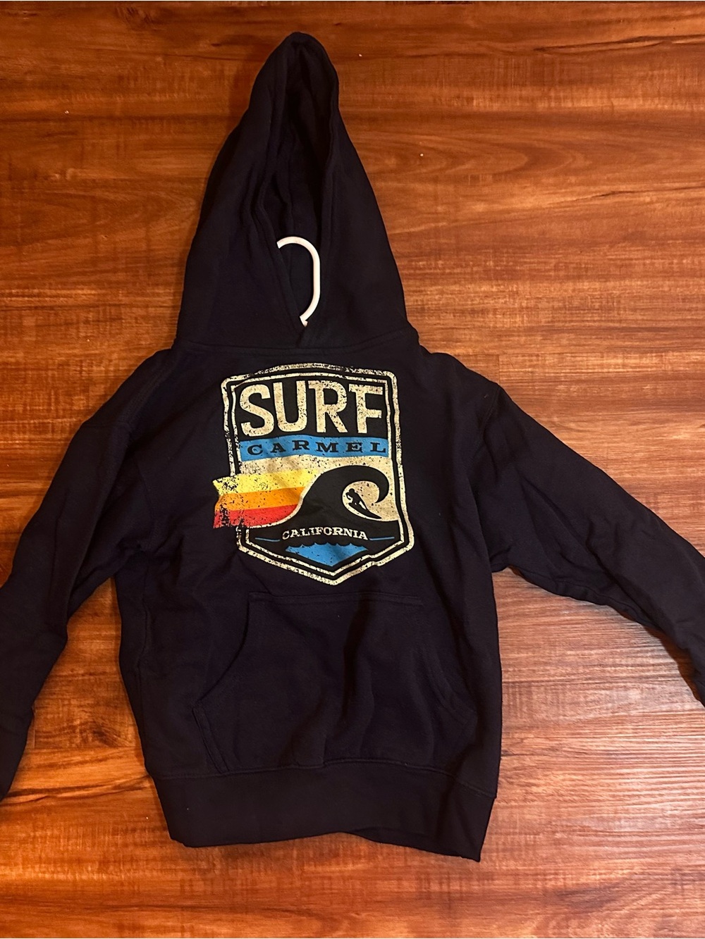 surf style Navy Kids Hoodie with Vintage Surf Graphic; brand: Smart Blanks